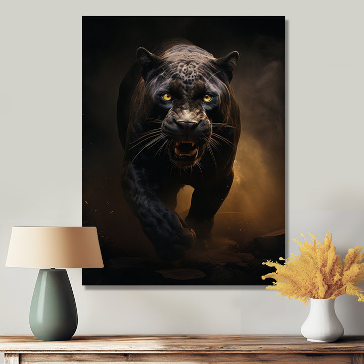 Ferocious Black Panther Running In The Mist - Panther Large Canvas Wall Art