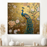 Majestic Peacock On Vintage Gold Blooming White Flowers - Peacock Living Room Wall Art