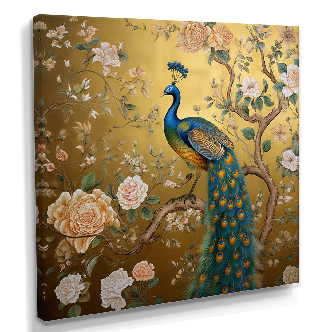 Majestic Peacock On Vintage Gold Blooming White Flowers - Peacock Living Room Wall Art