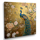 Majestic Peacock On Vintage Gold Blooming White Flowers - Peacock Living Room Wall Art