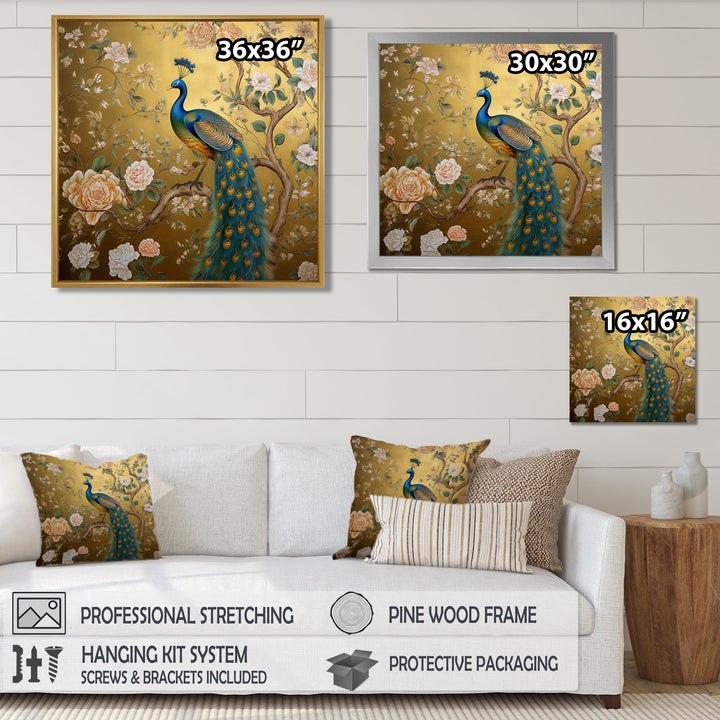 Majestic Peacock On Vintage Gold Blooming White Flowers - Peacock Living Room Wall Art