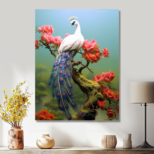 White Peacock On Branch With Red Flowers - Peacock Canvas Wall Art