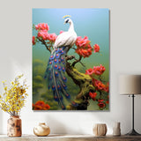 White Peacock On Branch With Red Flowers - Peacock Canvas Wall Art