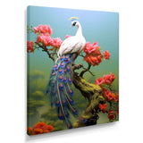 White Peacock On Branch With Red Flowers - Peacock Canvas Wall Art