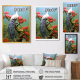 White Peacock On Branch With Red Flowers - Peacock Canvas Wall Art