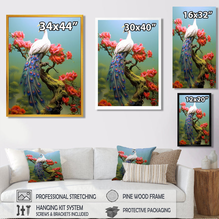 White Peacock On Branch With Red Flowers - Peacock Canvas Wall Art