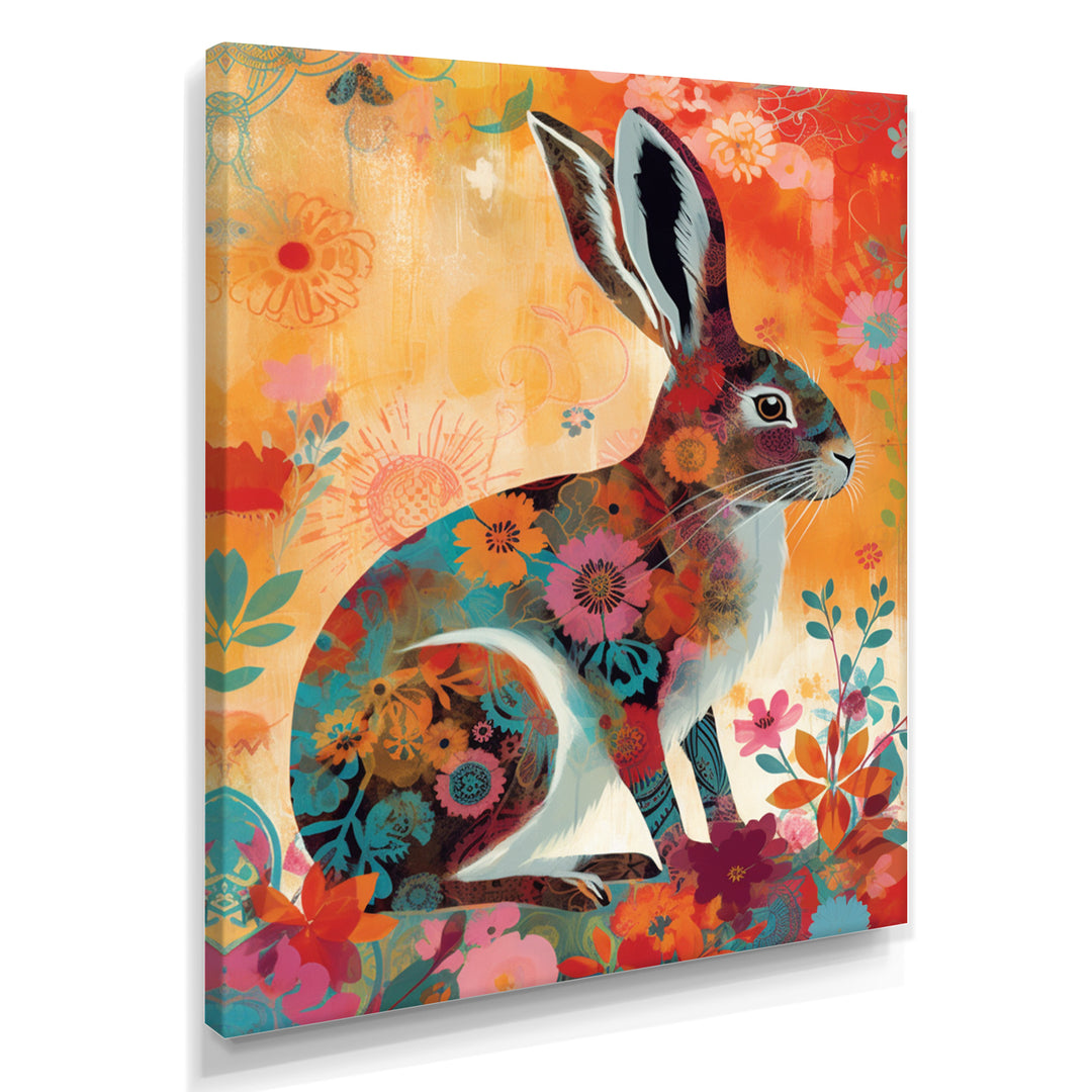 Colorful Boho Retro Rabbit Illustration - Rabbit Wall Art Prints