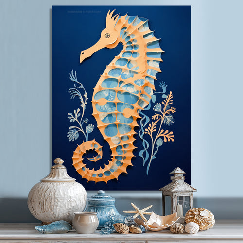 Gilded Blue Seahorse On Deep Blue - Blue Seahorse Wall Art