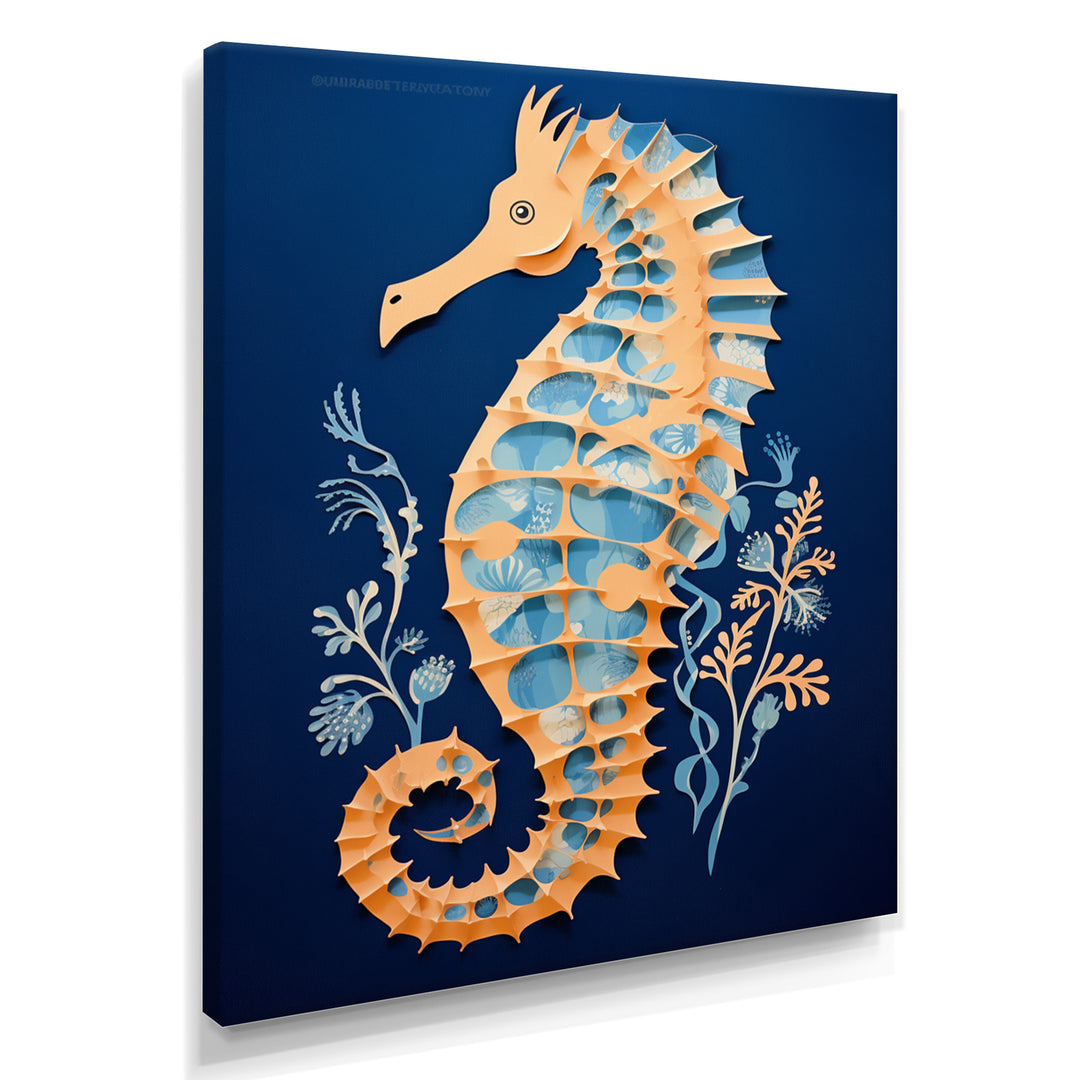 Gilded Blue Seahorse On Deep Blue - Blue Seahorse Wall Art