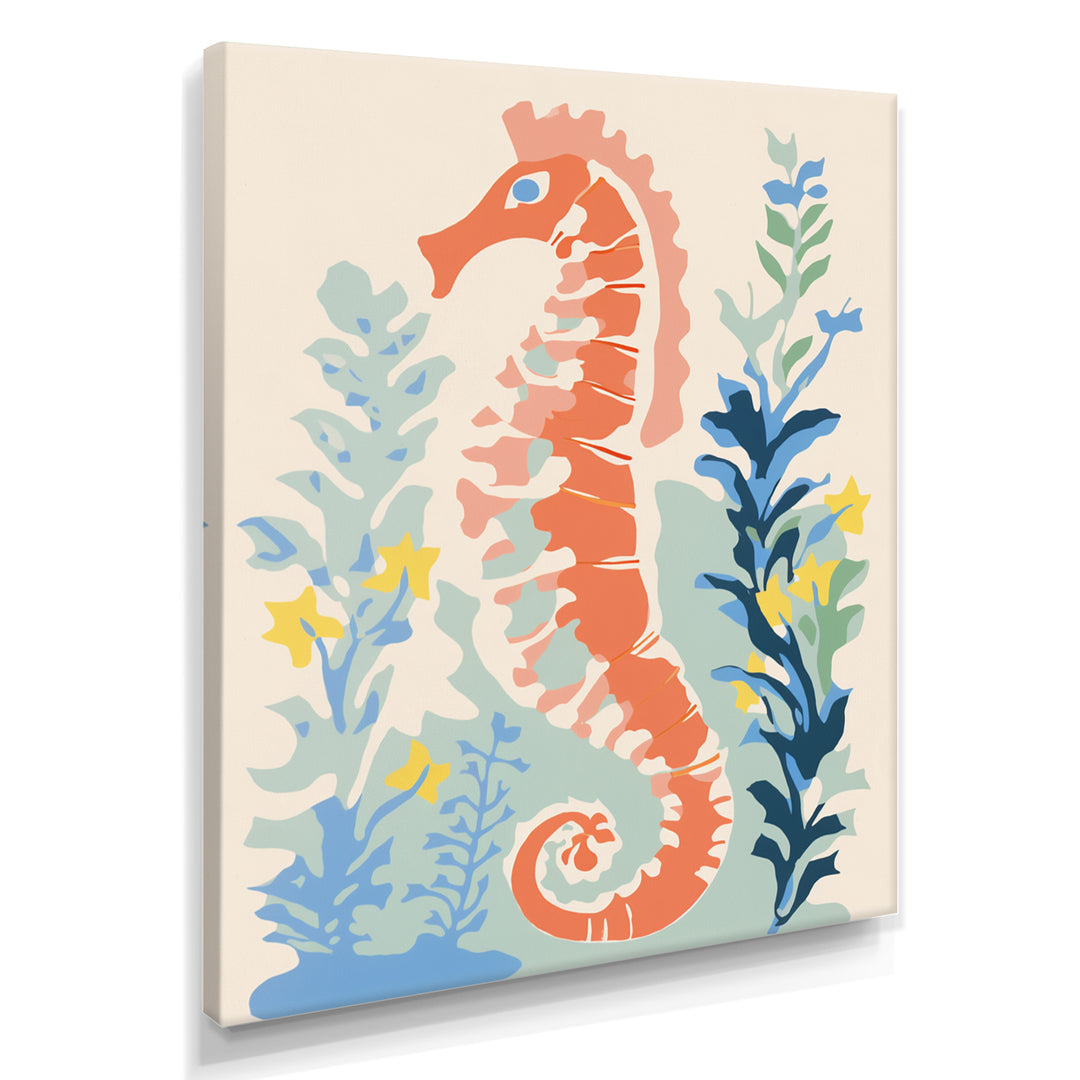 Orange Deep Ocean Seahorse Retro Illustration - Blue Seahorse Wall Art