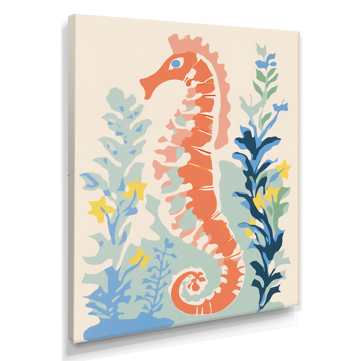 Orange Deep Ocean Seahorse Retro Illustration - Blue Seahorse Wall Art