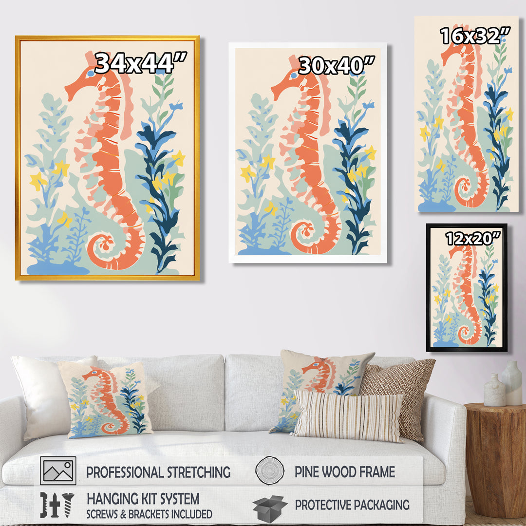 Orange Deep Ocean Seahorse Retro Illustration - Blue Seahorse Wall Art
