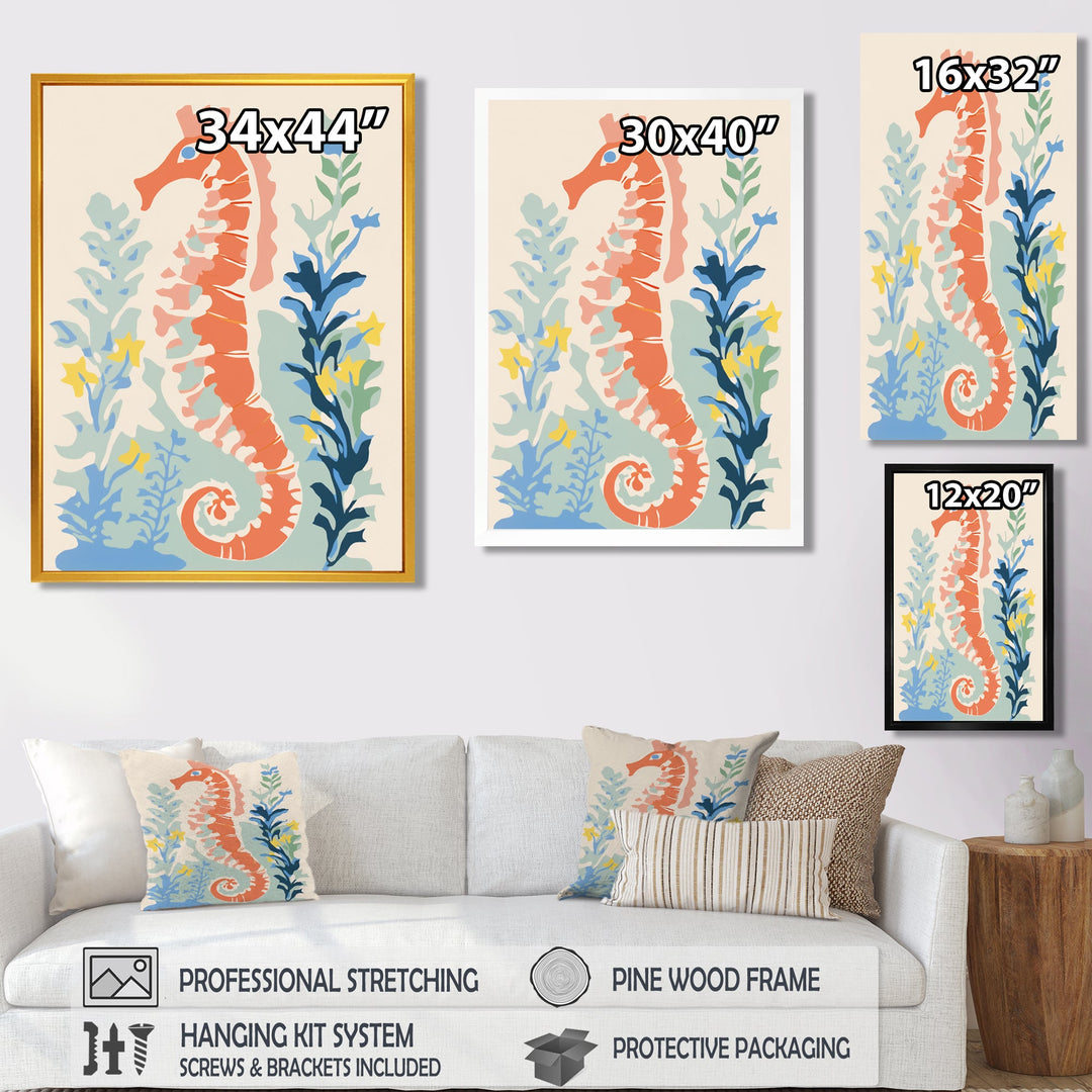 Orange Deep Ocean Seahorse Retro Illustration - Blue Seahorse Wall Art