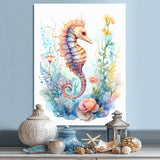 Pastel Seahorse Deep Ocean Flowers Watercolor - Seahorse Home Decor Art