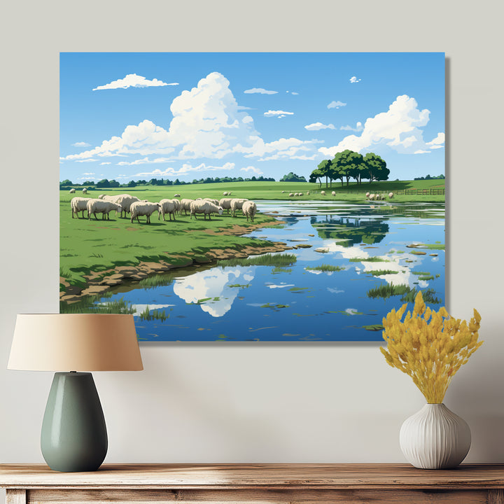 Herd Of Sheep Grazing By The River - Sheep Living Room Wall Art