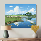 Herd Of Sheep Grazing By The River - Sheep Living Room Wall Art