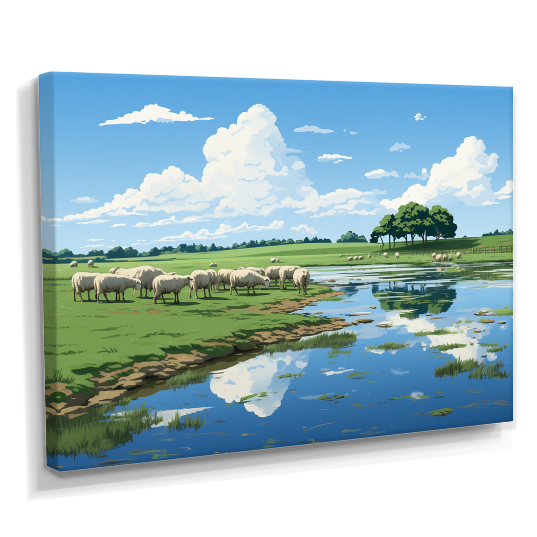 Herd Of Sheep Grazing By The River - Sheep Living Room Wall Art