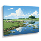 Herd Of Sheep Grazing By The River - Sheep Living Room Wall Art