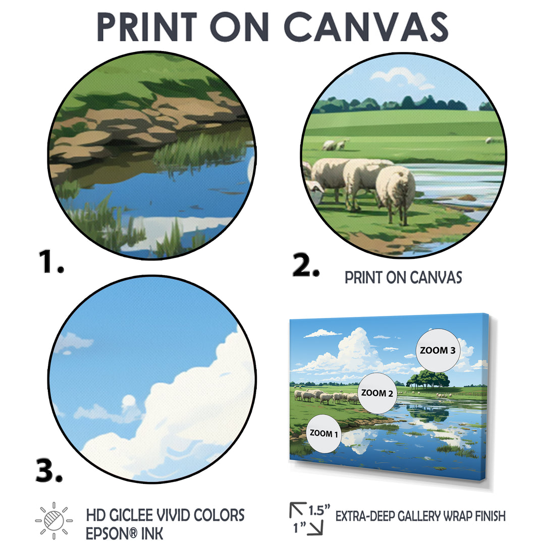 Herd Of Sheep Grazing By The River - Sheep Living Room Wall Art