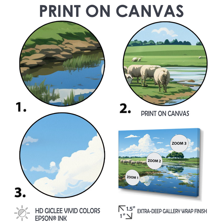 Herd Of Sheep Grazing By The River - Sheep Living Room Wall Art