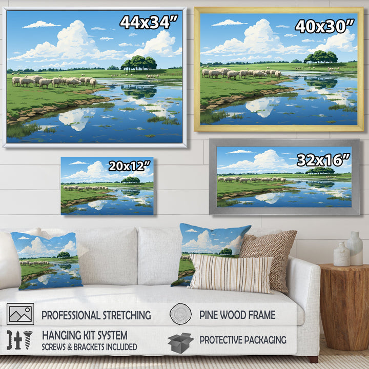 Herd Of Sheep Grazing By The River - Sheep Living Room Wall Art