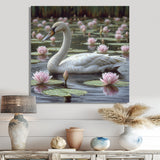 White Swan In Pond Blossoming Pink Lotus - Swans Canvas Wall Art
