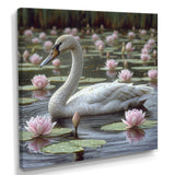 White Swan In Pond Blossoming Pink Lotus - Swans Canvas Wall Art