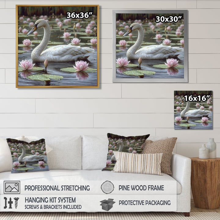 White Swan In Pond Blossoming Pink Lotus - Swans Canvas Wall Art