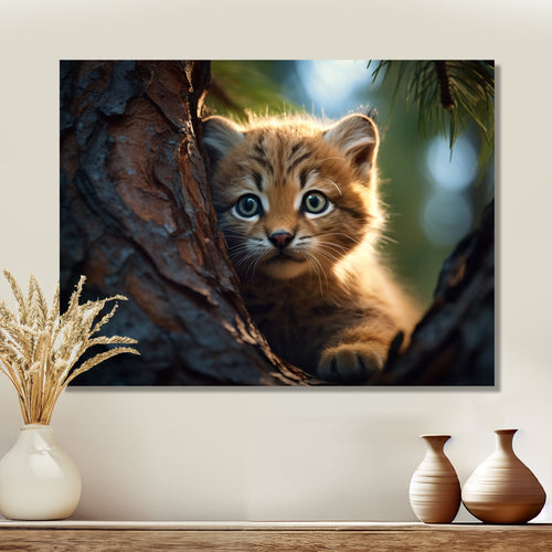Cute Tiger Kitten In A Tree - Tiger Wall Decor