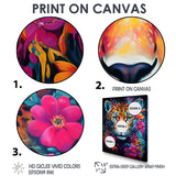 Tiger Portrait With Blossoming Fuchsia Flower - Tiger Fashion Wall Art Prints