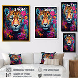 Tiger Portrait With Blossoming Fuchsia Flower - Tiger Fashion Wall Art Prints