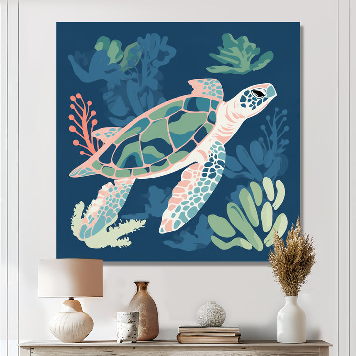 Deep Sea Turtle Swimming Retro Illustration - Turtle Bedroom Wall Art