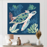 Deep Sea Turtle Swimming Retro Illustration - Turtle Bedroom Wall Art