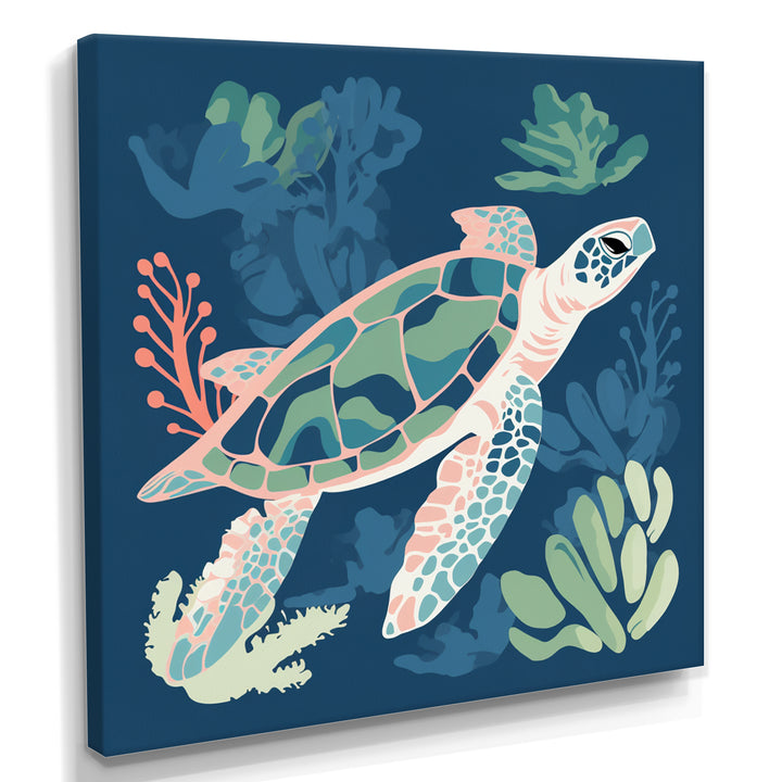 Deep Sea Turtle Swimming Retro Illustration - Turtle Bedroom Wall Art