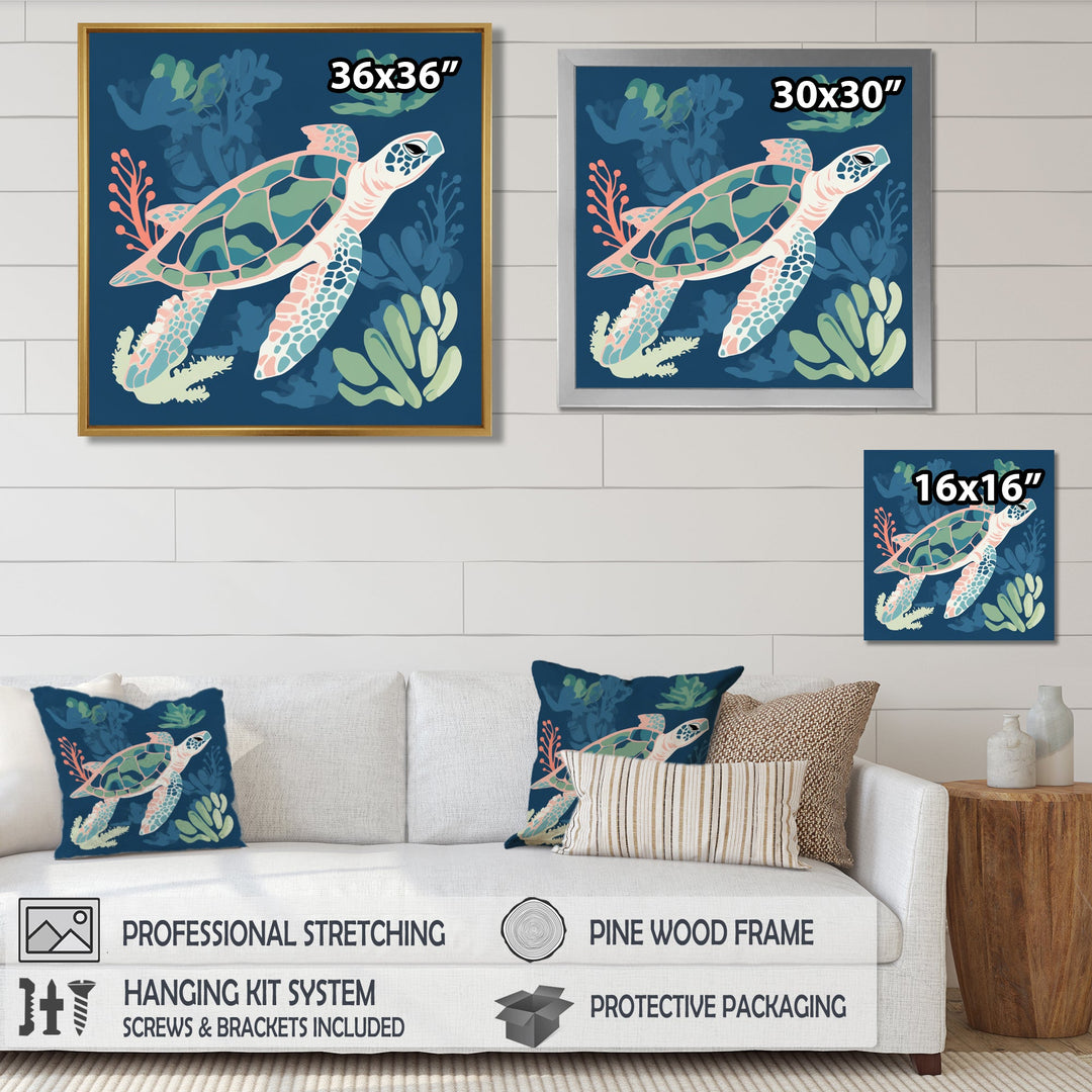 Deep Sea Turtle Swimming Retro Illustration - Turtle Bedroom Wall Art
