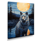 White Wolf Under The Full Moon By The Forest River Retro - Wolf Wall Decor