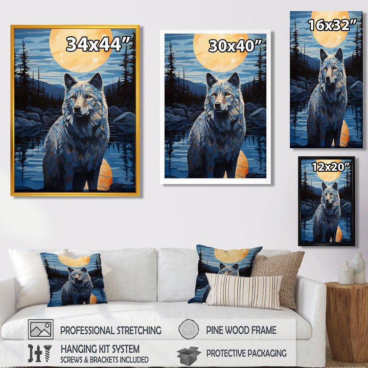 White Wolf Under The Full Moon By The Forest River Retro - Wolf Wall Decor