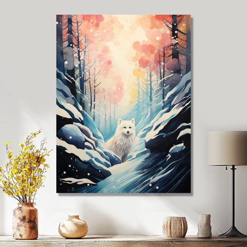 White Wolf In Snowy Forest Pastel Sunset Vintage Illustration - Wolf Wall Art Prints