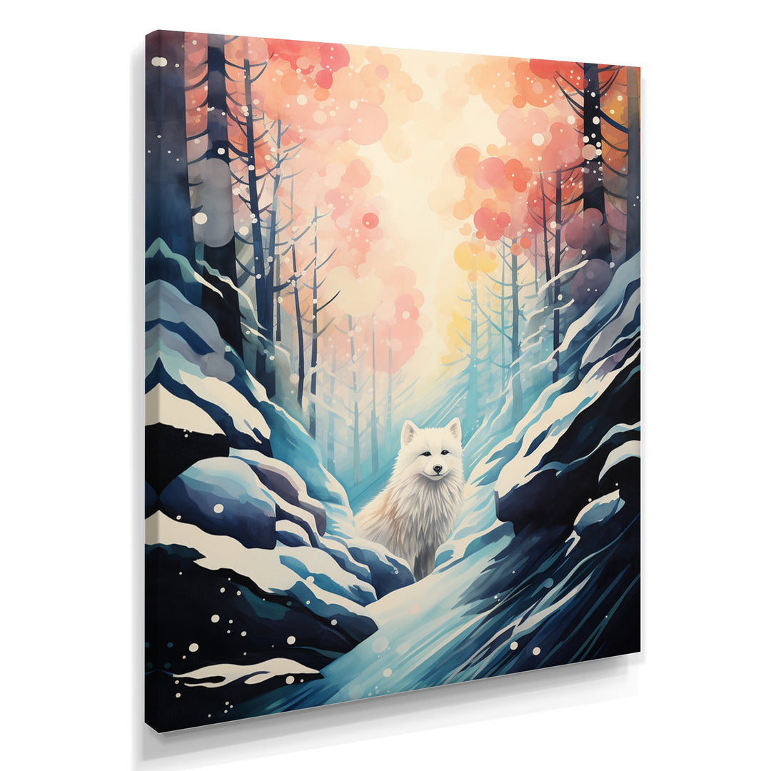 White Wolf In Snowy Forest Pastel Sunset Vintage Illustration - Wolf Wall Art Prints