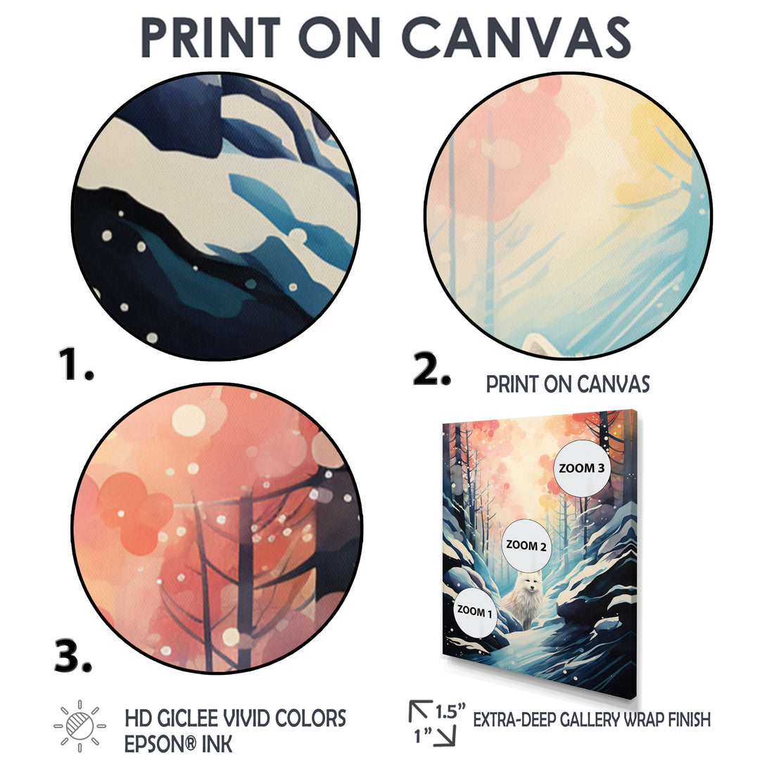 White Wolf In Snowy Forest Pastel Sunset Vintage Illustration - Wolf Wall Art Prints