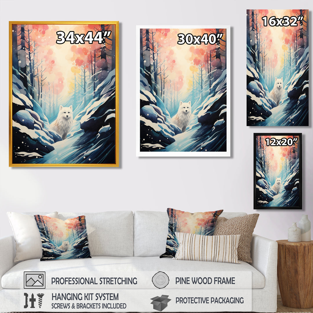 White Wolf In Snowy Forest Pastel Sunset Vintage Illustration - Wolf Wall Art Prints