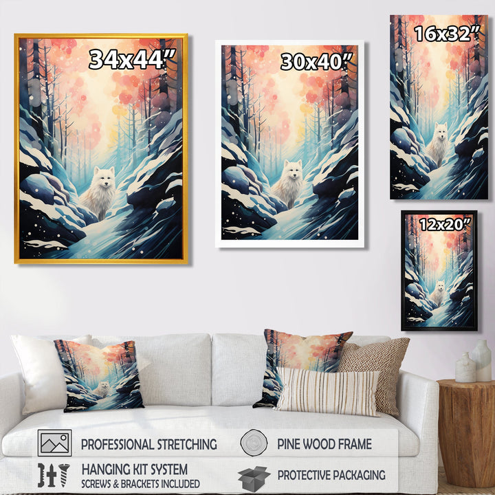 White Wolf In Snowy Forest Pastel Sunset Vintage Illustration - Wolf Wall Art Prints