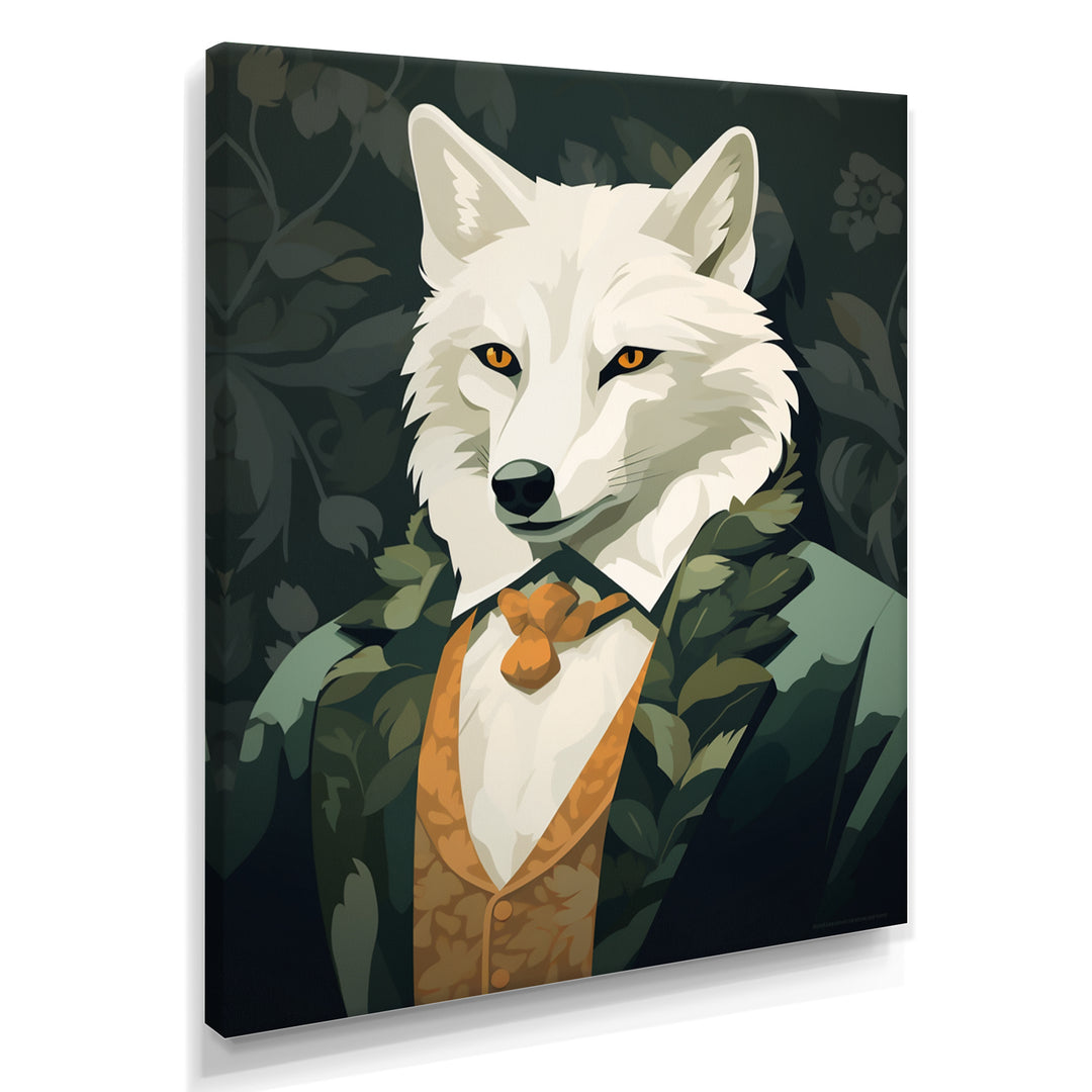 Stylish White Wolf In Green Suit - White Wolf Wall Art