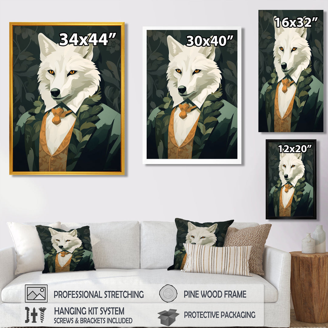 Stylish White Wolf In Green Suit - White Wolf Wall Art