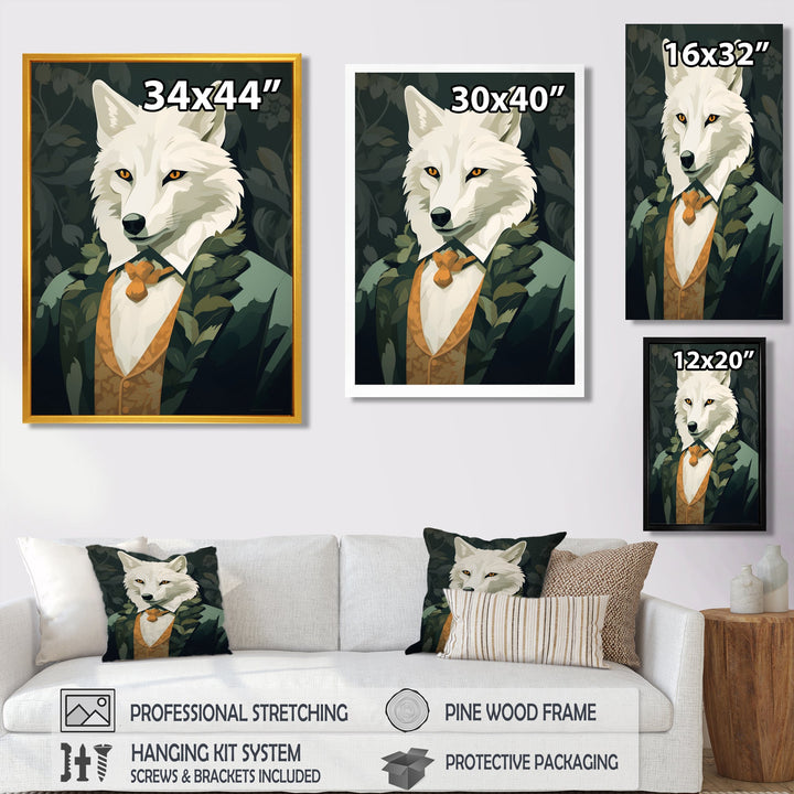 Stylish White Wolf In Green Suit - White Wolf Wall Art