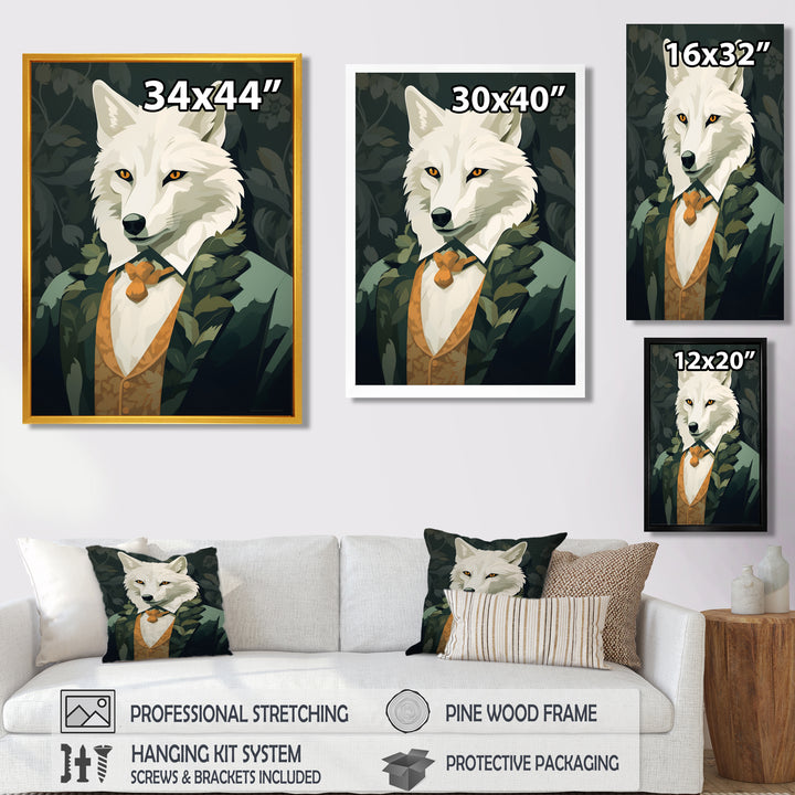 Stylish White Wolf In Green Suit - White Wolf Wall Art