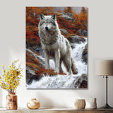 Wild Grey Wolf By Mountain River - Wolf Framed Canvas Art