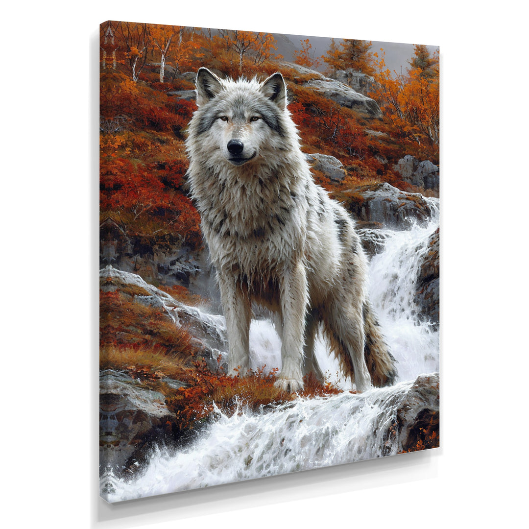 Wild Grey Wolf By Mountain River - Wolf Framed Canvas Art