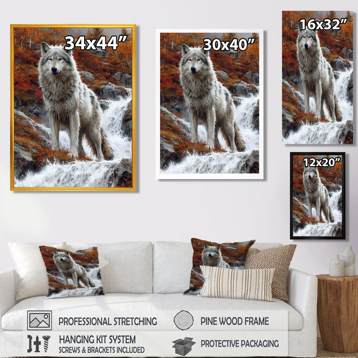 Wild Grey Wolf By Mountain River - Wolf Framed Canvas Art