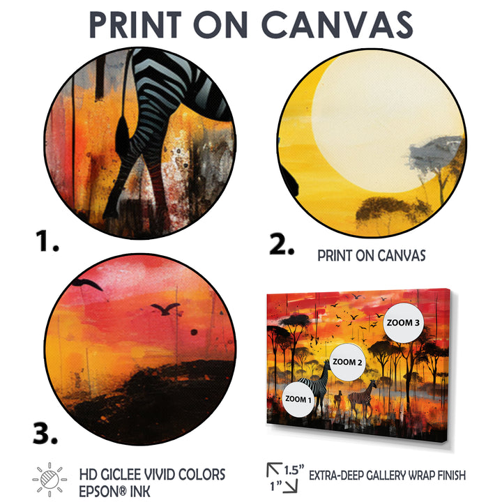 Zebra Roaming In The Savanna Under The Setting Sun - Zebra Large Canvas Wall Art